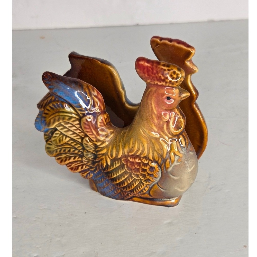 Vintage Ceramic Colorful Rooster Napkin Holder Farmhouse Country Kitchen